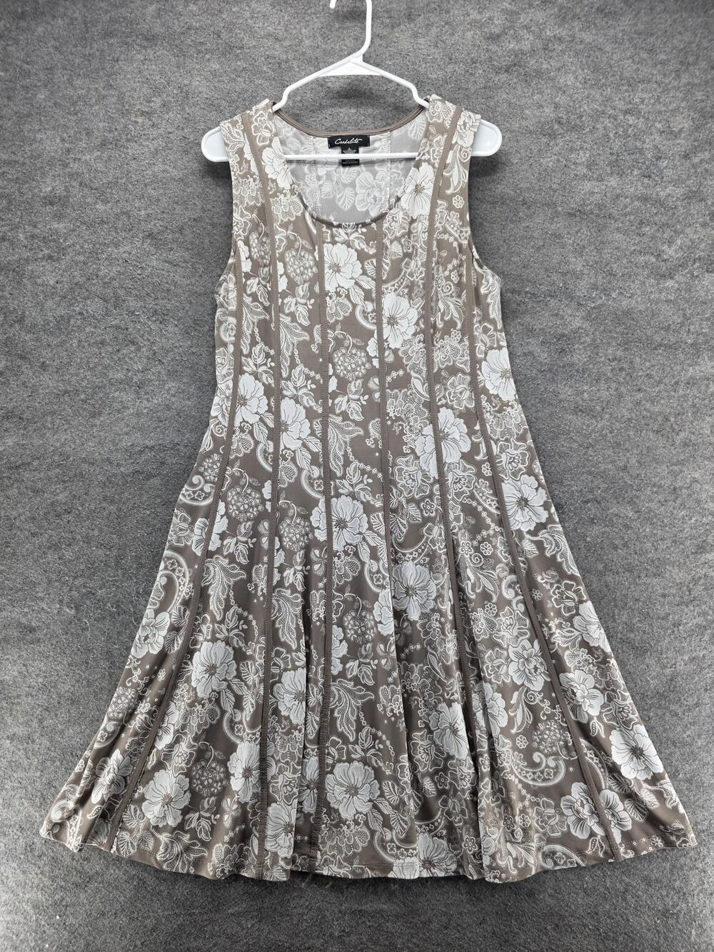 Candalite Dress Womens L Beige Floral Trapeze & Swing Midi Scoop Neck Pleated